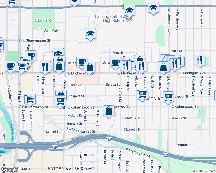 map of restaurants, bars, coffee shops, grocery stores, and more near 1346 Eureka Street in Lansing