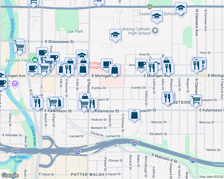 map of restaurants, bars, coffee shops, grocery stores, and more near 1216 Eureka Street in Lansing