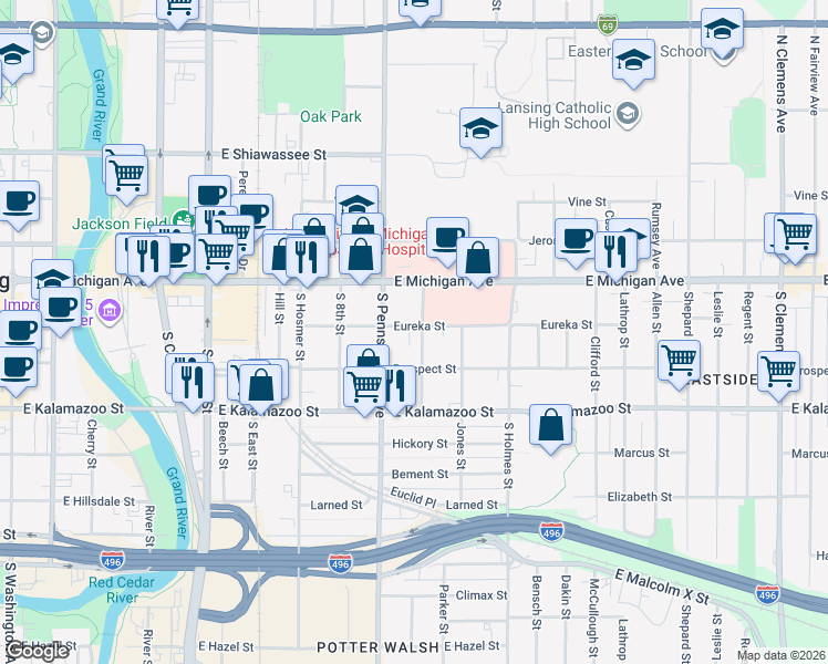 map of restaurants, bars, coffee shops, grocery stores, and more near 1018 Eureka Street in Lansing