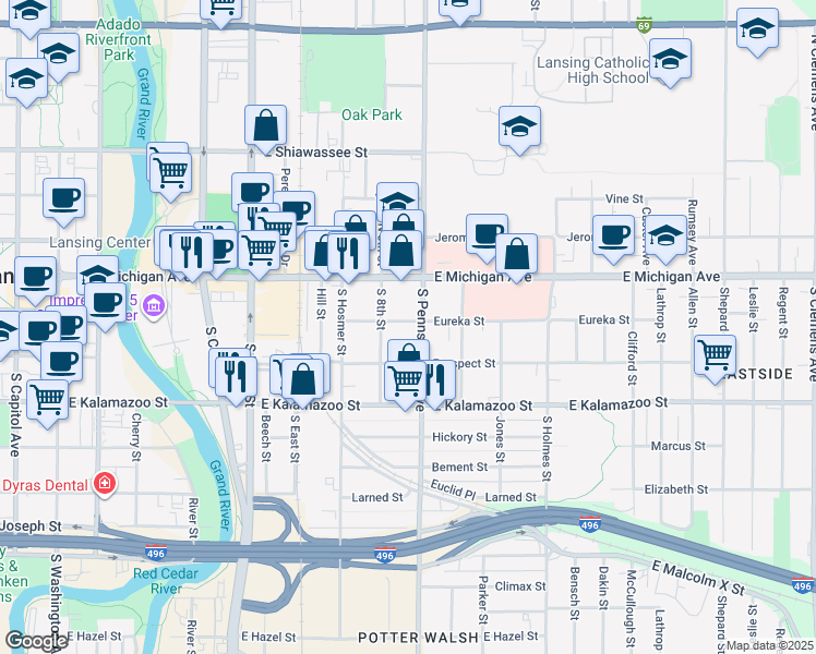 map of restaurants, bars, coffee shops, grocery stores, and more near 922 Eureka Street in Lansing