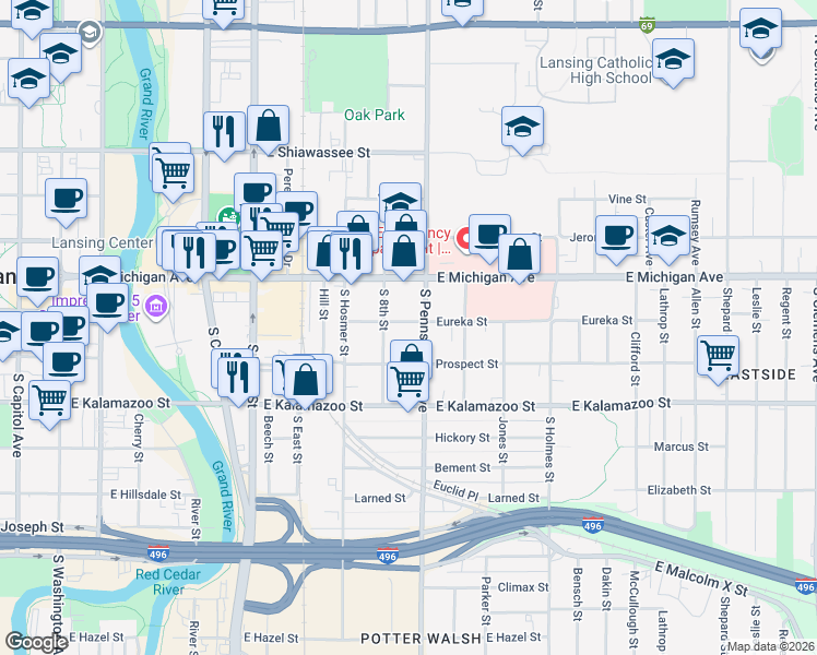 map of restaurants, bars, coffee shops, grocery stores, and more near 922 Eureka Street in Lansing