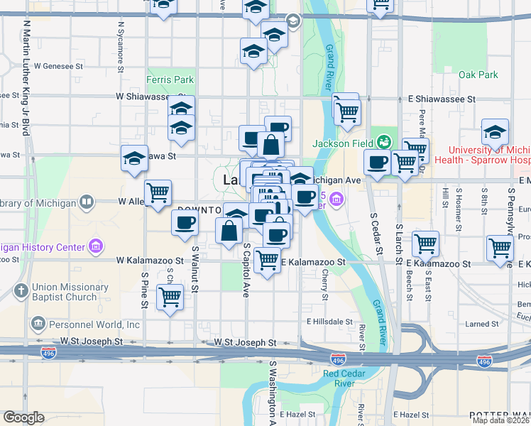 map of restaurants, bars, coffee shops, grocery stores, and more near 215 South Capitol Avenue in Lansing