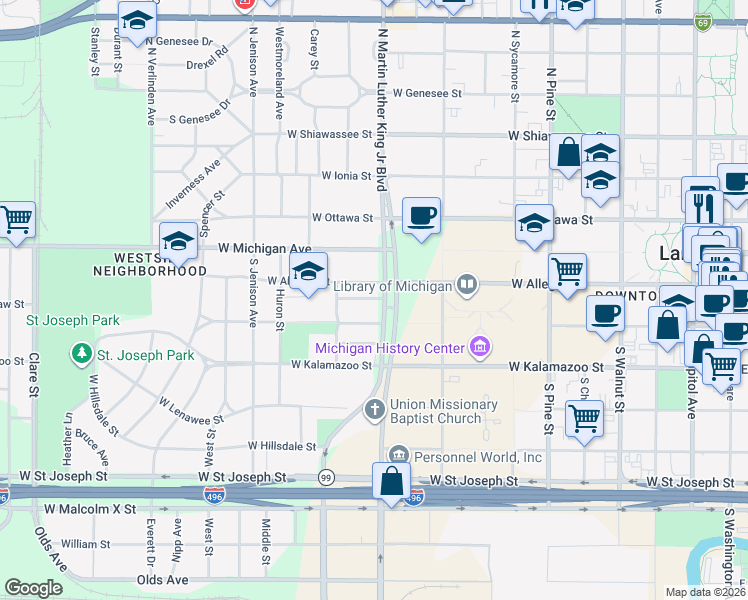 map of restaurants, bars, coffee shops, grocery stores, and more near in Lansing