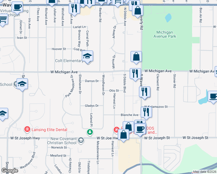 map of restaurants, bars, coffee shops, grocery stores, and more near 4214 Otis Street in Lansing