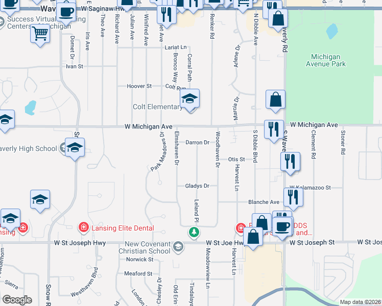 map of restaurants, bars, coffee shops, grocery stores, and more near 224 Leland Place in Lansing