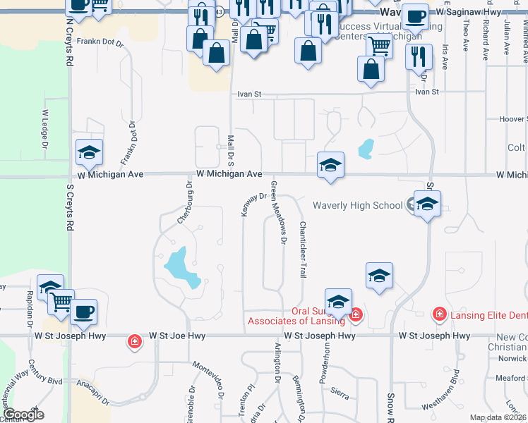 map of restaurants, bars, coffee shops, grocery stores, and more near 222 Green Meadows Drive in Lansing