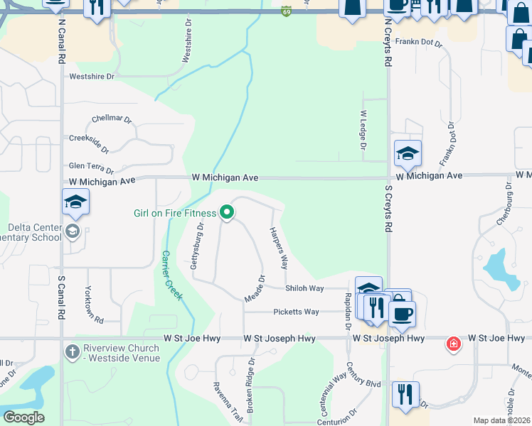 map of restaurants, bars, coffee shops, grocery stores, and more near 208 Harpers Way in Lansing
