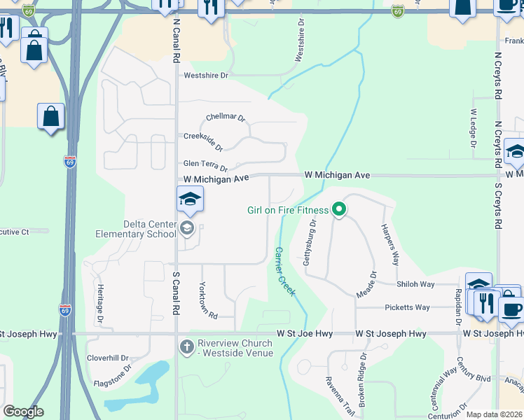 map of restaurants, bars, coffee shops, grocery stores, and more near 216 Williamsburg Road in Lansing