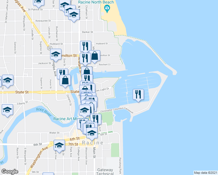 map of restaurants, bars, coffee shops, grocery stores, and more near 34 Gas Light Drive in Racine