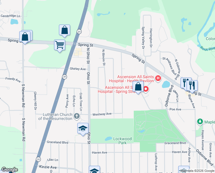map of restaurants, bars, coffee shops, grocery stores, and more near 68 Illinois Street in Racine