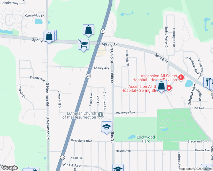 map of restaurants, bars, coffee shops, grocery stores, and more near 4800 Ridgeway Avenue in Racine