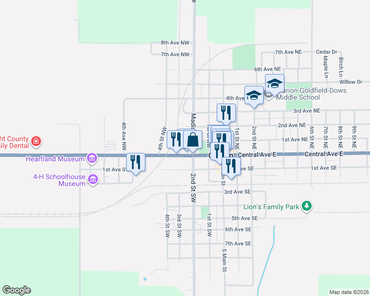 map of restaurants, bars, coffee shops, grocery stores, and more near 301-463 Central Ave W in Clarion