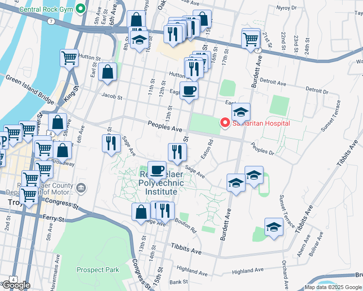 map of restaurants, bars, coffee shops, grocery stores, and more near 2001 15th Street in Troy