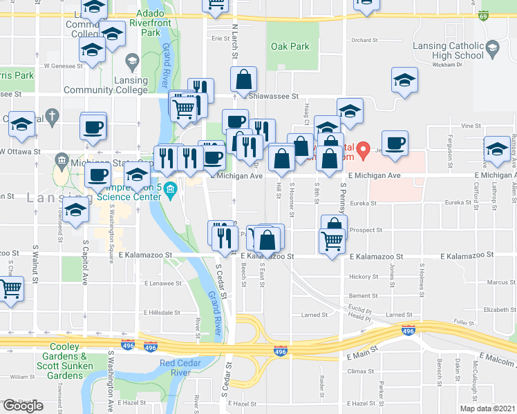 map of restaurants, bars, coffee shops, grocery stores, and more near 633 Barnard Street in Lansing