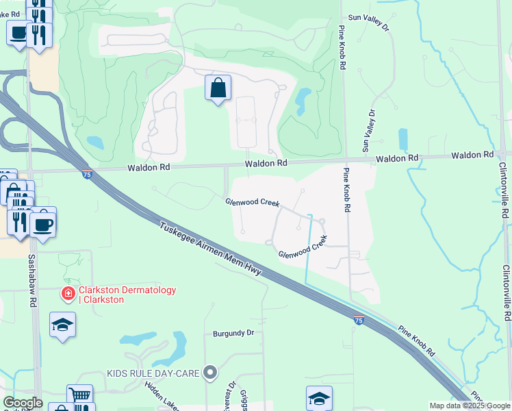 map of restaurants, bars, coffee shops, grocery stores, and more near 5291 Glenwood Creek in Village of Clarkston