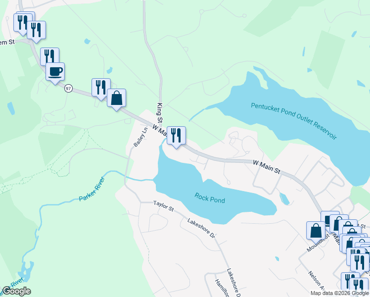 map of restaurants, bars, coffee shops, grocery stores, and more near 204 West Main Street in Georgetown