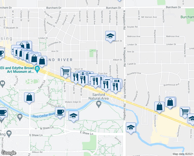 map of restaurants, bars, coffee shops, grocery stores, and more near 164 Stoddard Avenue in East Lansing