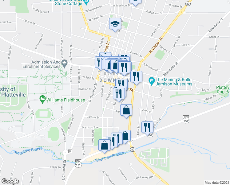 map of restaurants, bars, coffee shops, grocery stores, and more near 150 Rountree Avenue in Platteville