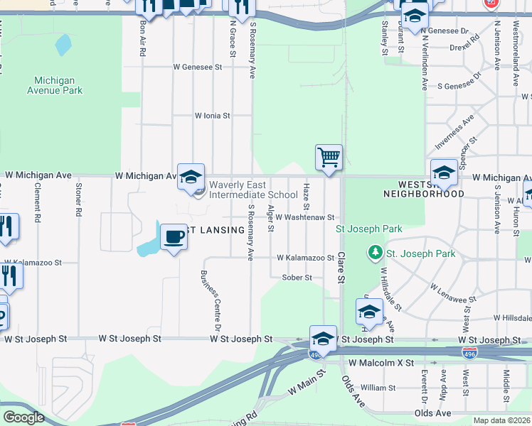 map of restaurants, bars, coffee shops, grocery stores, and more near 2704 West Washtenaw Street in Lansing