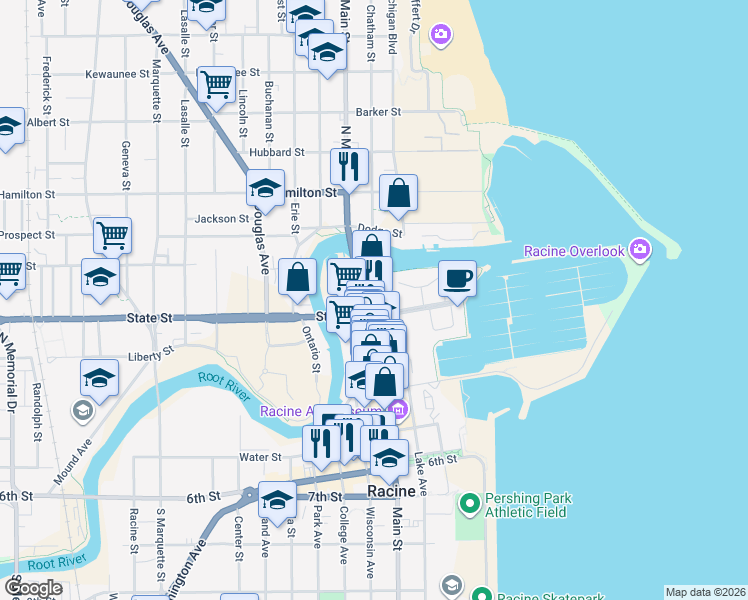 map of restaurants, bars, coffee shops, grocery stores, and more near in Racine
