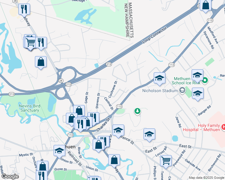 map of restaurants, bars, coffee shops, grocery stores, and more near 15 Cochrane Street in Methuen