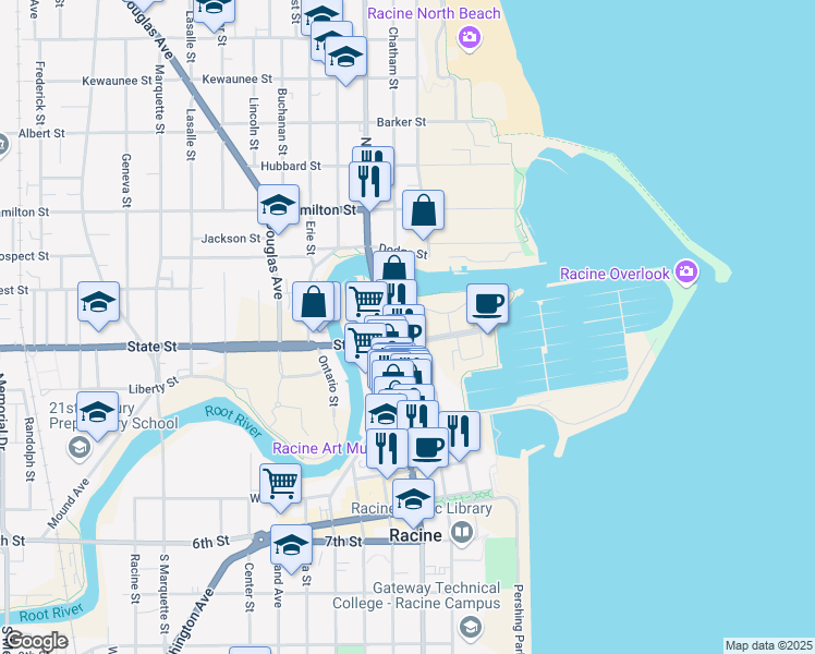 map of restaurants, bars, coffee shops, grocery stores, and more near in Racine
