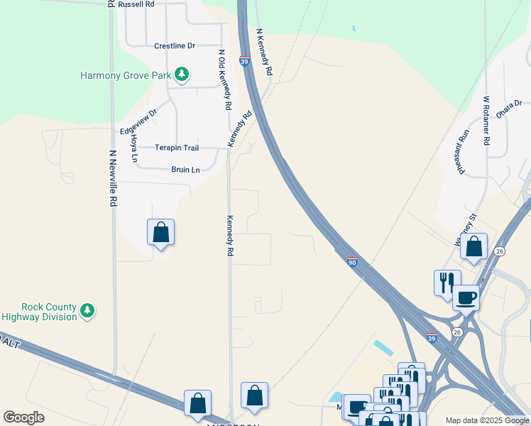 map of restaurants, bars, coffee shops, grocery stores, and more near 4100 Kennedy Road in Janesville
