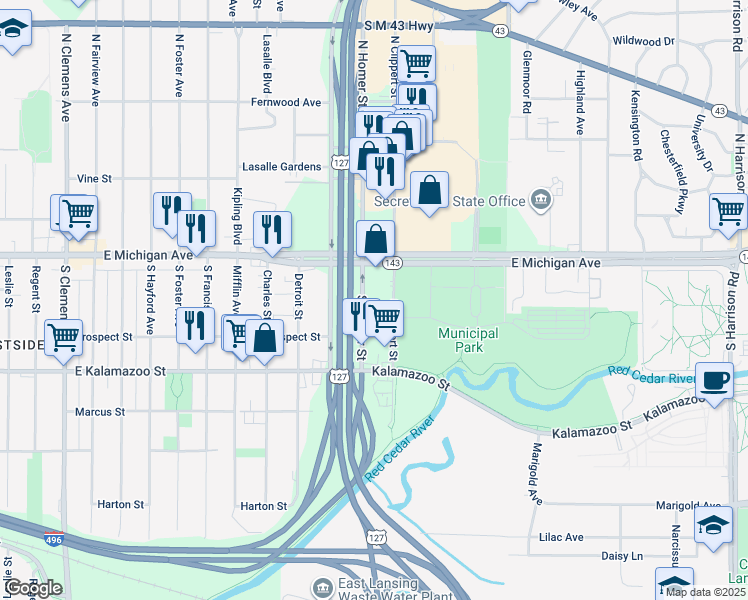 map of restaurants, bars, coffee shops, grocery stores, and more near 129 South Homer Street in Lansing
