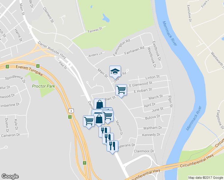 map of restaurants, bars, coffee shops, grocery stores, and more near 577 Main Street in Nashua
