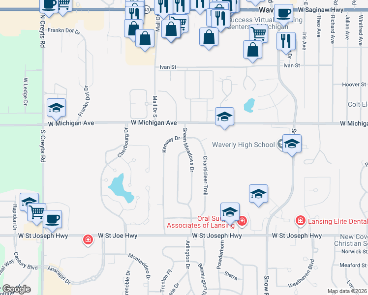 map of restaurants, bars, coffee shops, grocery stores, and more near 222 Green Meadows Drive in Lansing