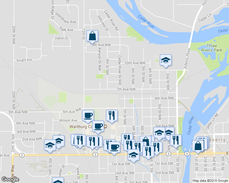 map of restaurants, bars, coffee shops, grocery stores, and more near 805 7th Avenue Northwest in Waverly