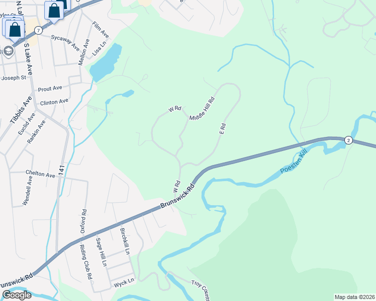 map of restaurants, bars, coffee shops, grocery stores, and more near 18 West Road in Troy