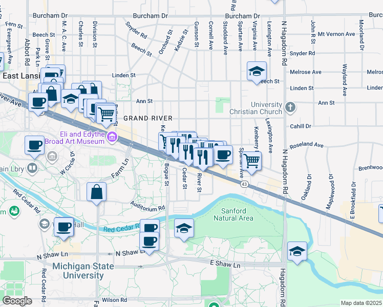map of restaurants, bars, coffee shops, grocery stores, and more near 128 Gunson Street in East Lansing