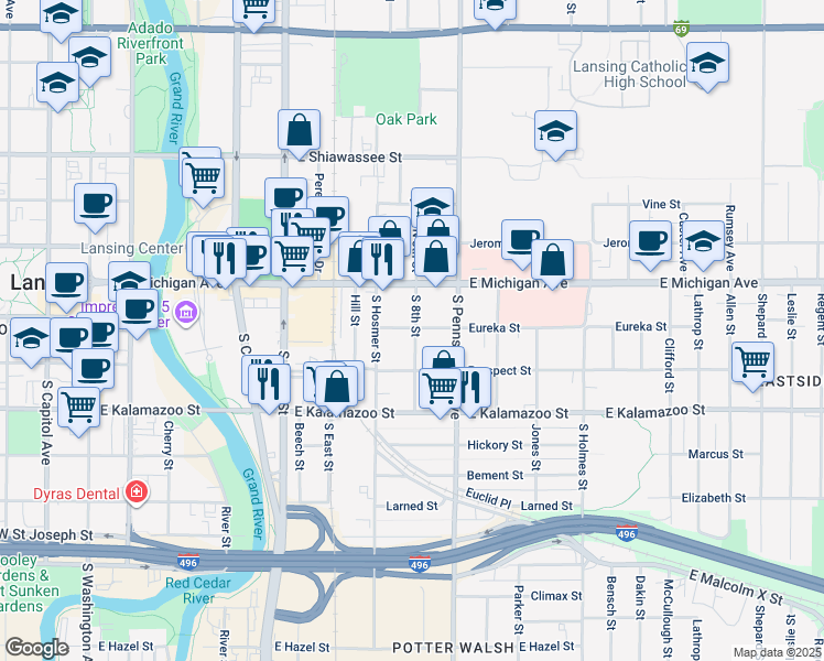 map of restaurants, bars, coffee shops, grocery stores, and more near 204 South 8th Street in Lansing