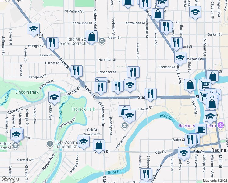 map of restaurants, bars, coffee shops, grocery stores, and more near 922 Garfield Street in Racine
