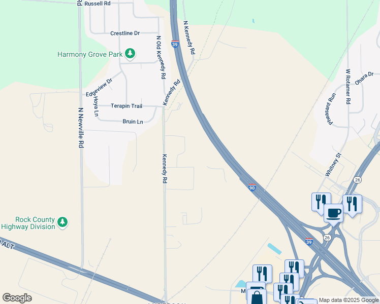 map of restaurants, bars, coffee shops, grocery stores, and more near 4100 Kennedy Road in Janesville