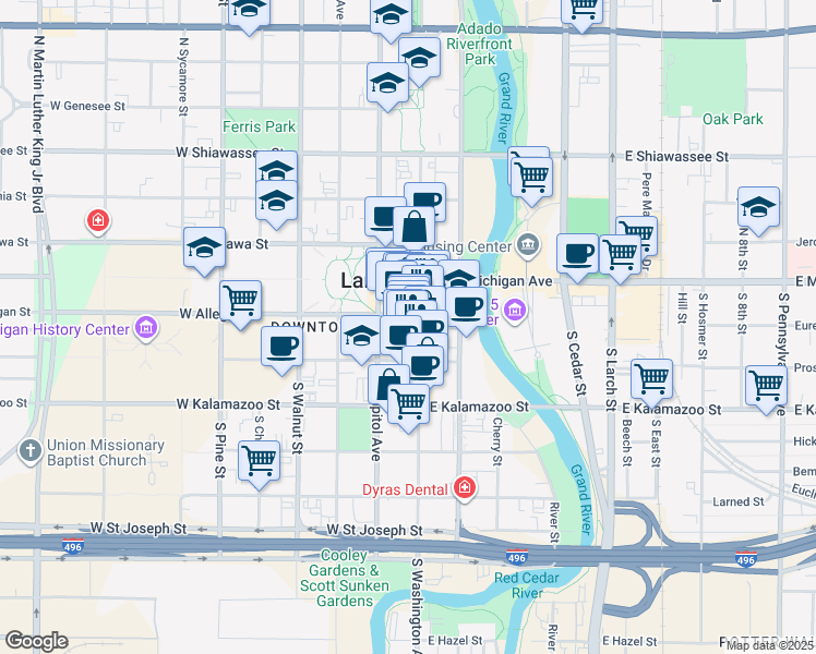 map of restaurants, bars, coffee shops, grocery stores, and more near 211 South Washington Square in Lansing