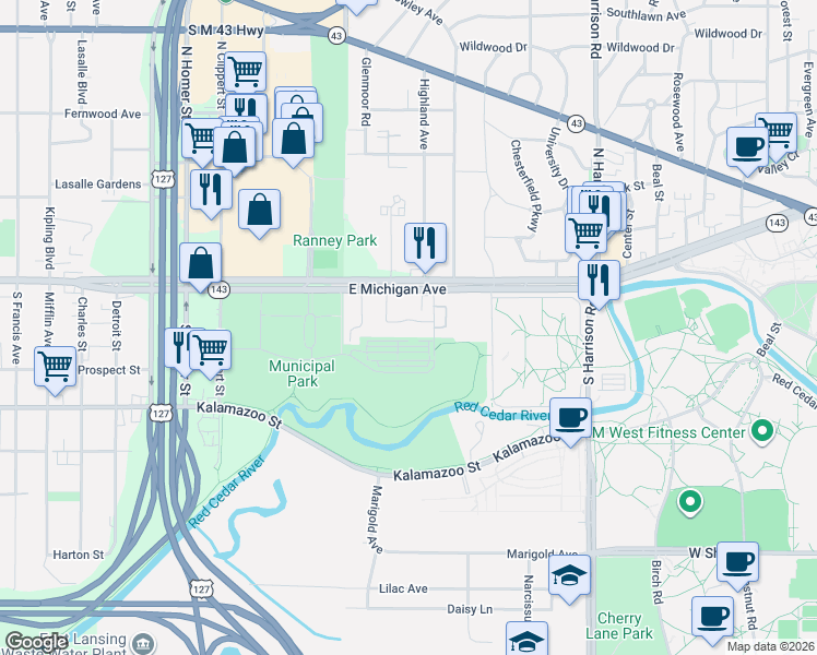 map of restaurants, bars, coffee shops, grocery stores, and more near 136 Reniger Court in East Lansing