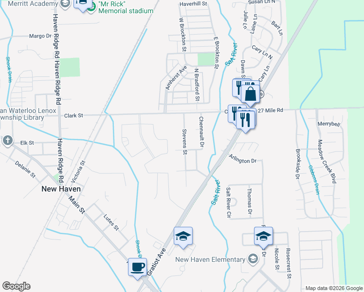 map of restaurants, bars, coffee shops, grocery stores, and more near 58715 Stevens Street in New Haven