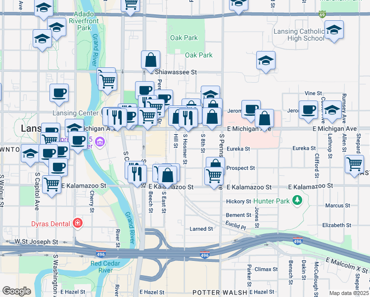 map of restaurants, bars, coffee shops, grocery stores, and more near S Hosmer St & Eureka St in Lansing