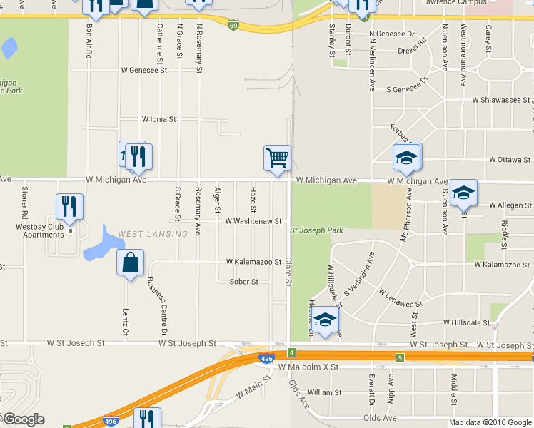 map of restaurants, bars, coffee shops, grocery stores, and more near 2412 West Washtenaw Street in Lansing