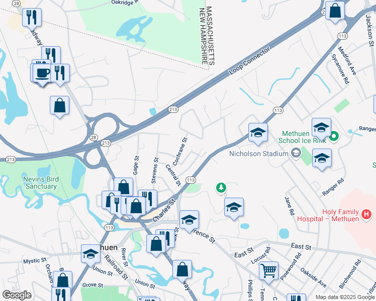 map of restaurants, bars, coffee shops, grocery stores, and more near 11 Cochrane Street in Methuen