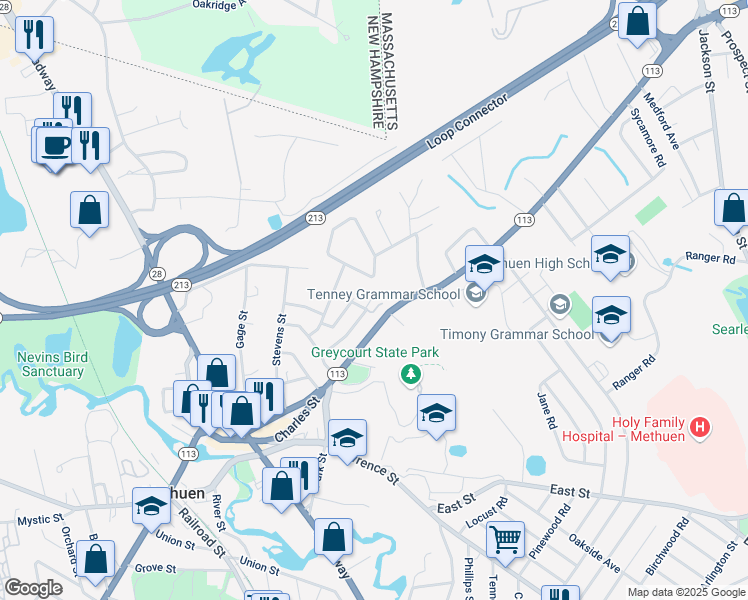 map of restaurants, bars, coffee shops, grocery stores, and more near 25 Williams Street in Methuen