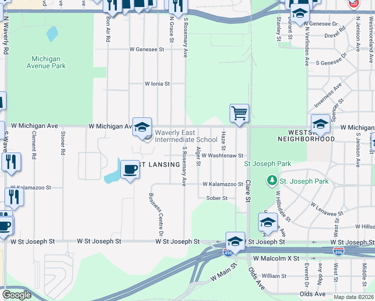 map of restaurants, bars, coffee shops, grocery stores, and more near 2805 West Washtenaw Street in Lansing