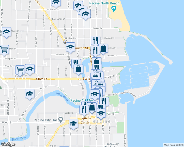map of restaurants, bars, coffee shops, grocery stores, and more near 214 State Street in Racine