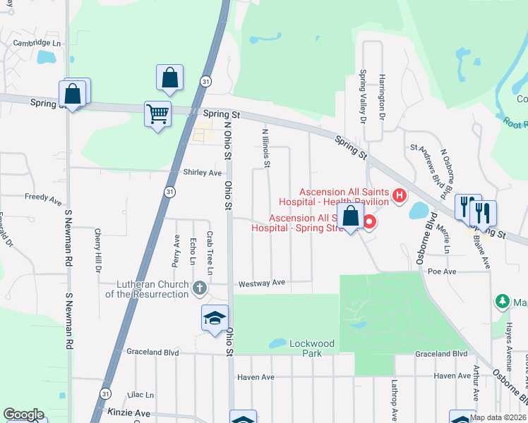 map of restaurants, bars, coffee shops, grocery stores, and more near 68 Illinois Street in Racine