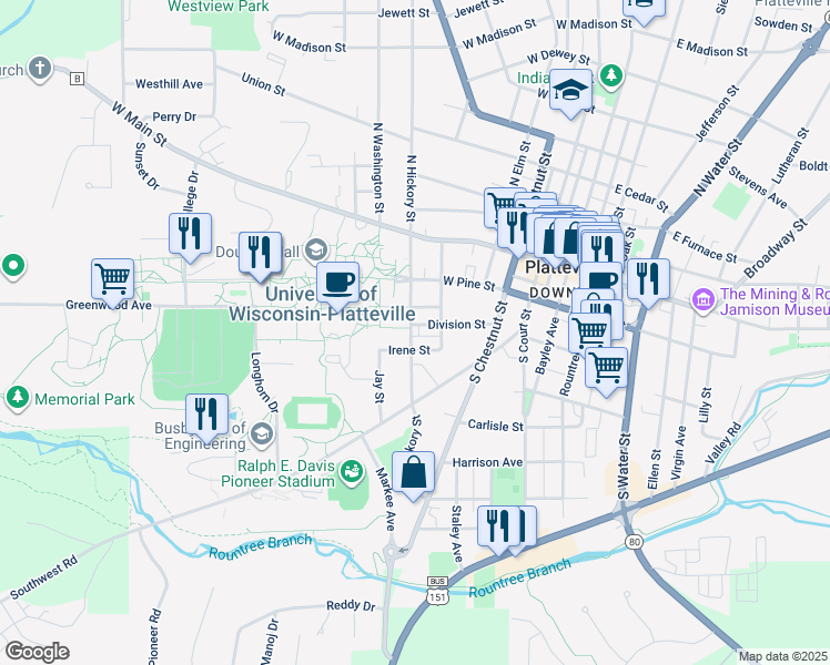 map of restaurants, bars, coffee shops, grocery stores, and more near 480 Irene Street in Platteville