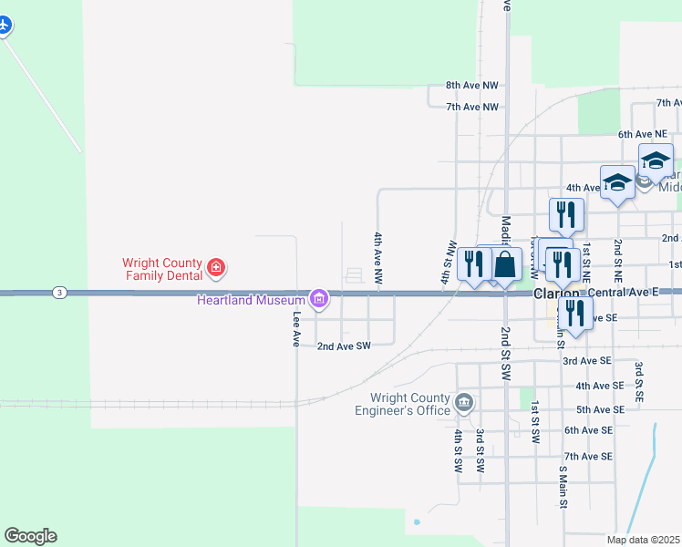 map of restaurants, bars, coffee shops, grocery stores, and more near in Clarion