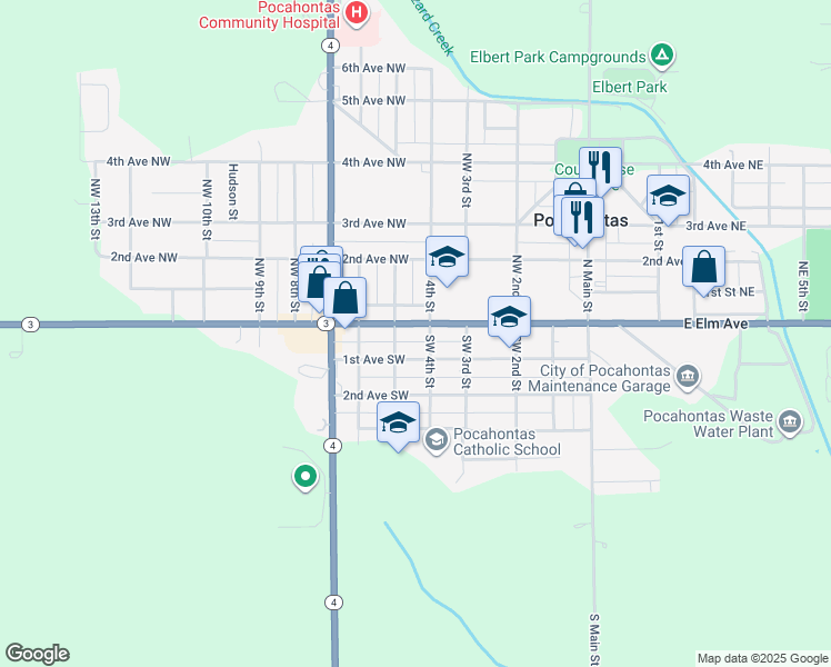 map of restaurants, bars, coffee shops, grocery stores, and more near 51-99 Southwest 4th Street in Pocahontas