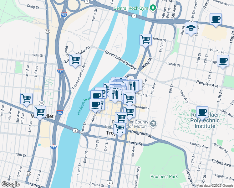 map of restaurants, bars, coffee shops, grocery stores, and more near 277 River Street in Troy